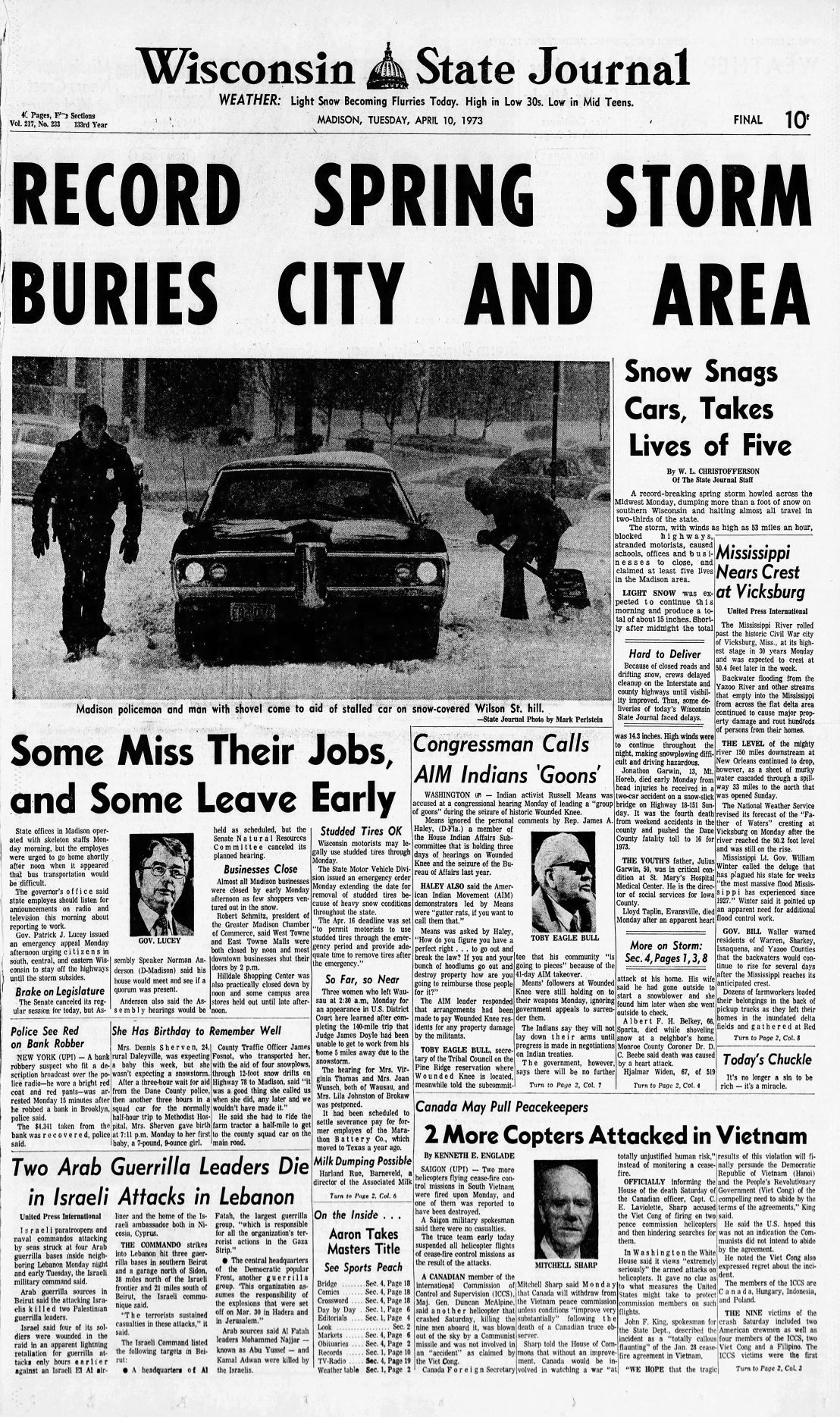 Front page of the Wisconsin State Journal, April 10, 1973